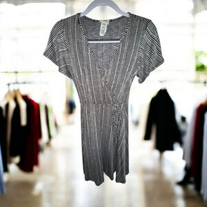 Women's Caution to the Wind Black & White Striped Wrap Mini Dress Small